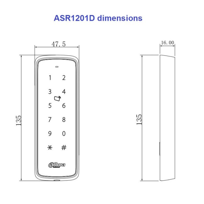 Dahua ASR1201D RFID PIN-pad kaardilugeja • 13.56MHz(Mifare) • IP65 • Wiegand34/26 • RS485 ASR1201D
