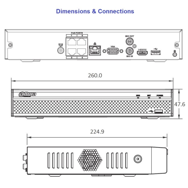 Dahua NVR2104HS-P-4KS2 Lite seeria 4 kanaliga IP salvesti • 80Mbps • 8MP • HDMI+VGA • 1HDD • 4PoE •