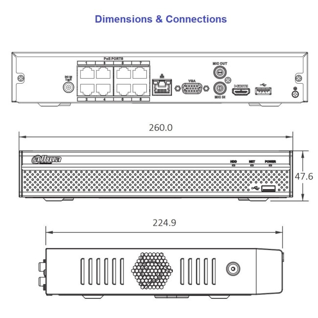 Dahua NVR2108HS-8P-4KS2 Lite seeria 8 kanaliga IP salvesti • 80Mbps 8MP HDMI+VGA 1HDD 8PoE