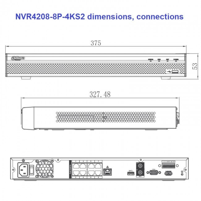 Dahua NVR4208-8P-4KS2 8 kanaliga Lite seeria 4K IP salvesti • 8MP • 200Mbps • 2HDD • 8PoE