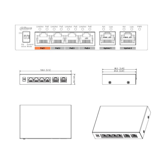 Dahua PFS3006-4ET-60-V2 mittemanageeritav switch • PoE 4*100Mbps + uplink 2*100Mbps • 60W