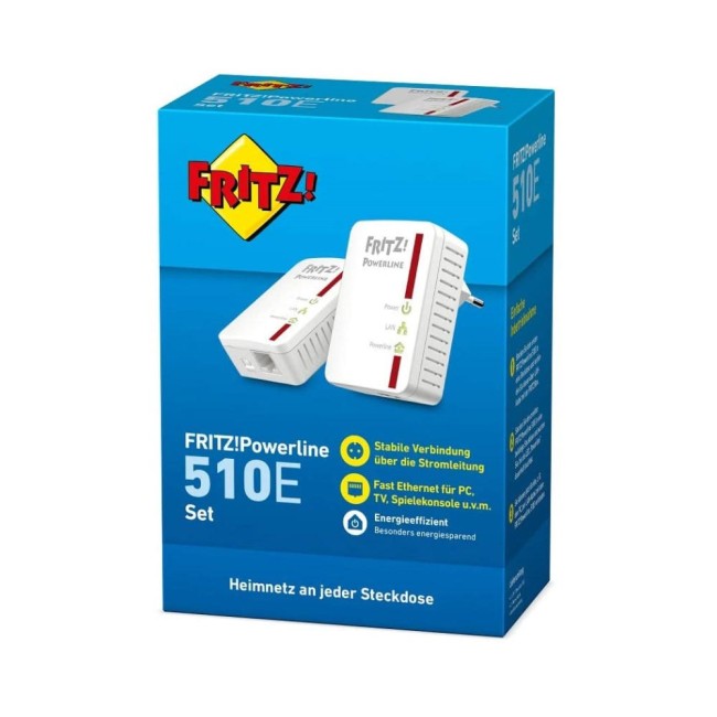 Fritz! 510E 500Mbps Powerline adapteri komplekt (2tk) Ethernet üle elektrivõrgu Fritz! 510E 500Mbps Powerline adapteri komplekt (2tk) Ethernet üle elektrivõrgu