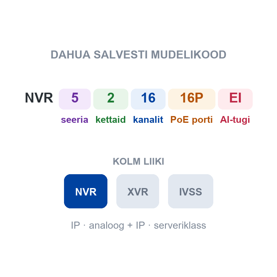 NVR, XVR või IVSS? Mudelikood lahti, seeriate vahed, AI tööjaotus kaameraga, kettad, RAID ja varundus.