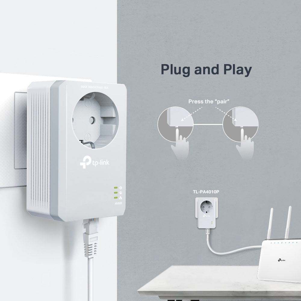 TP-Link TLPA4010P KIT AV600 Powerline adapterite komplekt pistikupesaga 600Mbps – pilt 3