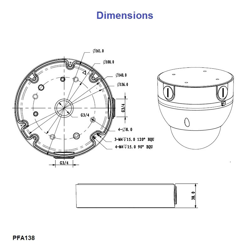 Dahua PFA138 kuppelkaamerate paigaldusalus / ühendusbox – pilt 2