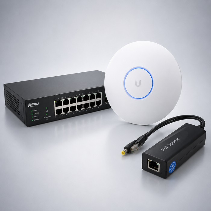 Toide ja võrk objektil — PoE standardid ja võimsuse arvutus, splitterid 12 V seadmetele, mitu kaamerat ühe kaabliga ja Wi-Fi pääsupunkti valik.