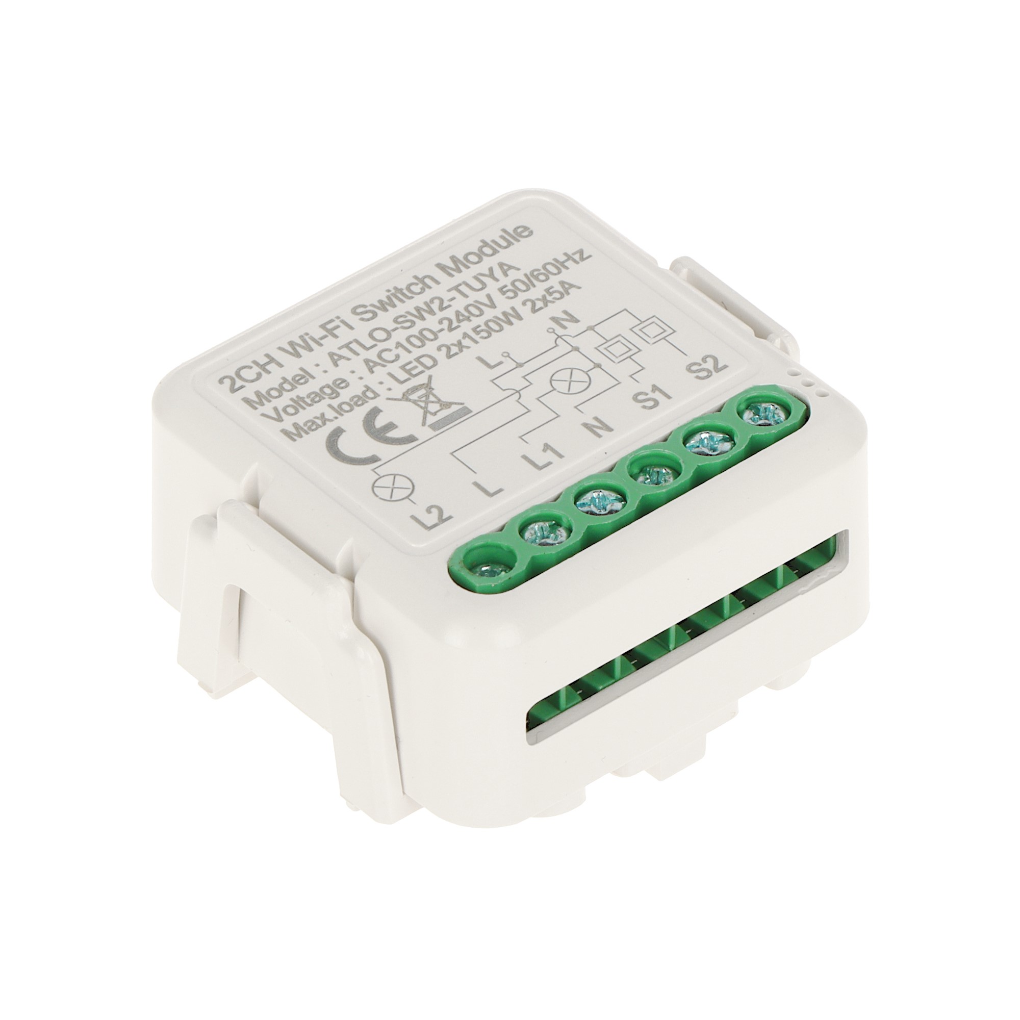 TUYA miniatuurne LED lambi nuti lüliti kahe kanaliga 2*5A, Wi-Fi 2.4 GHz 100-240V sisetingimustesse