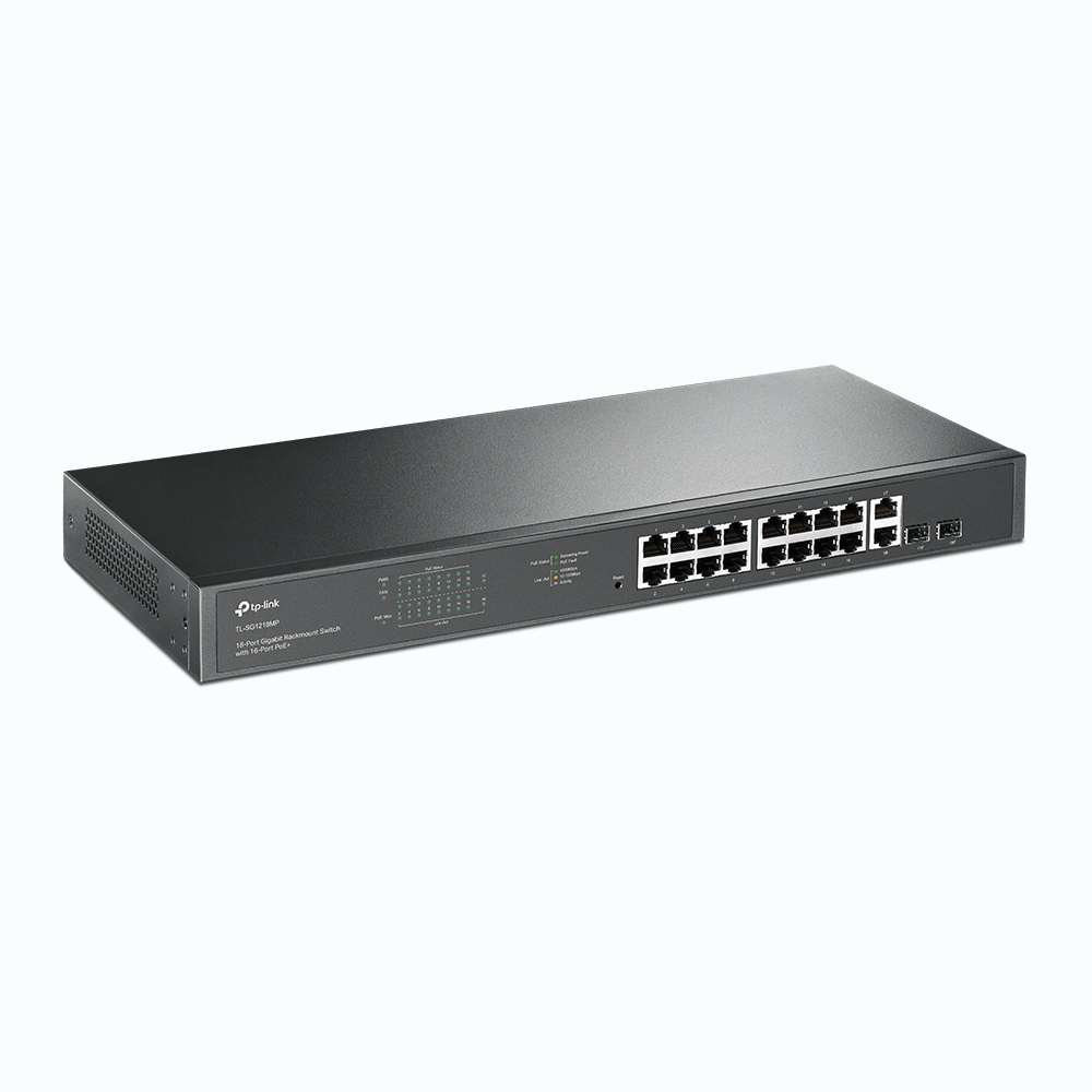 TP-Link TL-SG1218MP 18-pordiline Gigabit rack-switch • 16× PoE+ 250 W • 2× Gigabit uplink + 2 SFP